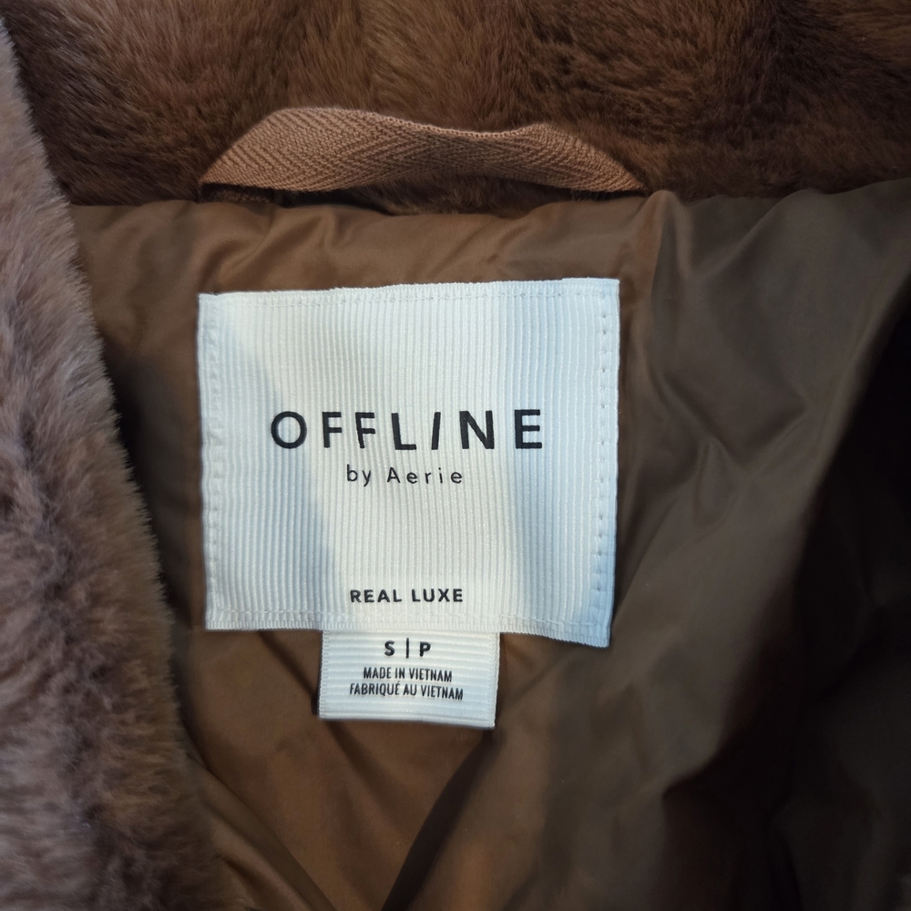 OFFLINE by Aerie Real Luxe Quilted Puffer Jacket Faux Fur Collar Brown Small - Picture 3 of 12